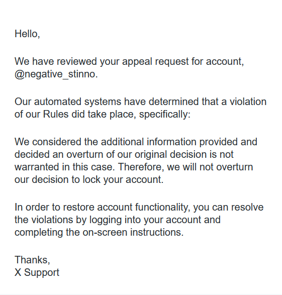 X appeal response